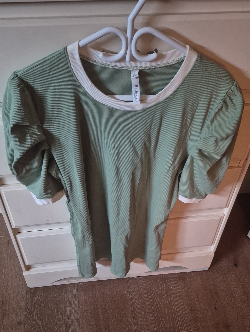 torrid Sage Green Ribbed Puff Sleeve Tee with White Trim Accent